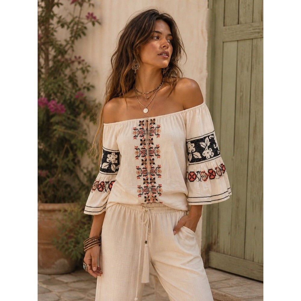 Sophie Max 100% Cotton Embroidered Boho Festival Casual Top Bell Sleeve M - Picture 1 of 9